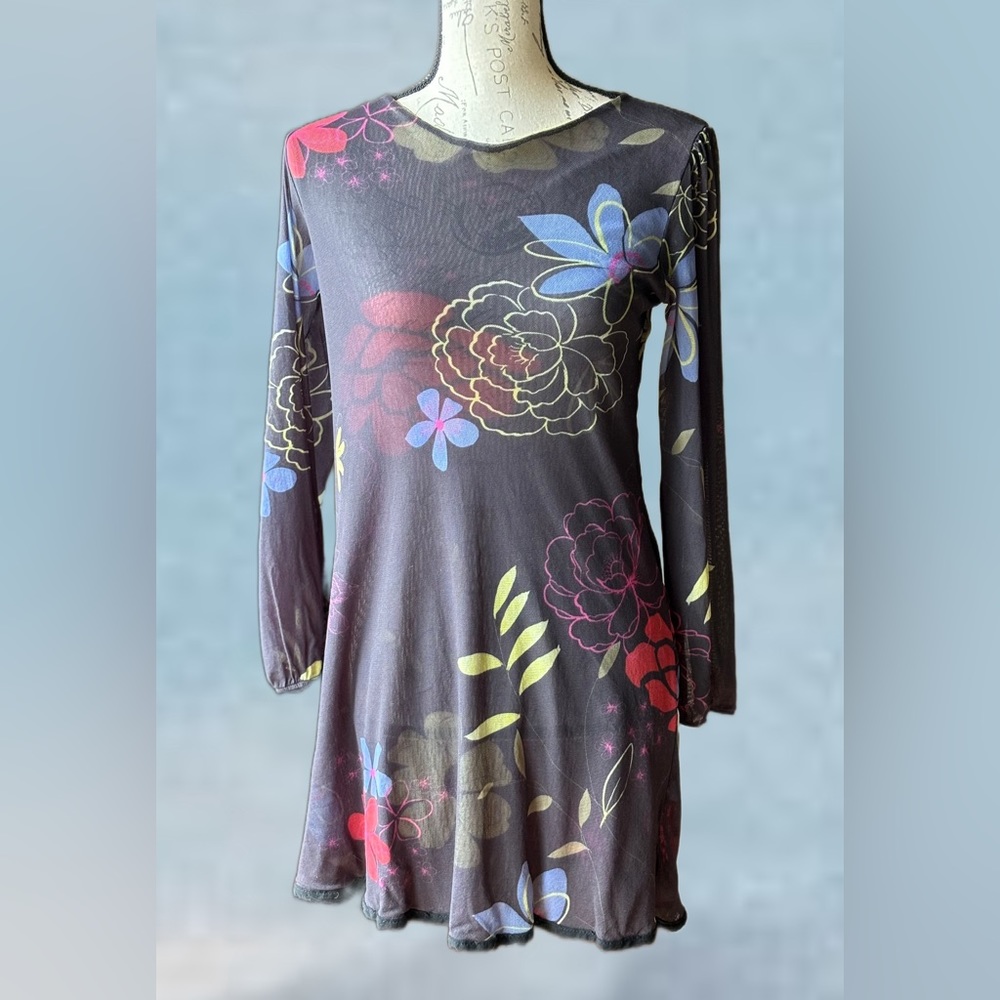 Sweet Pea Floral Print Sheath Dress, 2-Layer Nylon, Felt Hemline (M) Like New